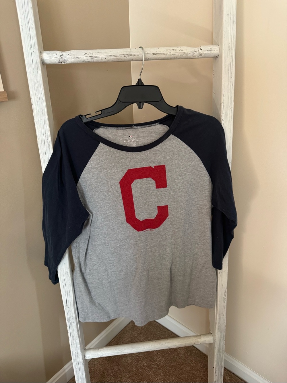 CLEVELAND GUARDIANS-Gray Raglan Tee with Navy Sleeves and Red 'C' Graphic